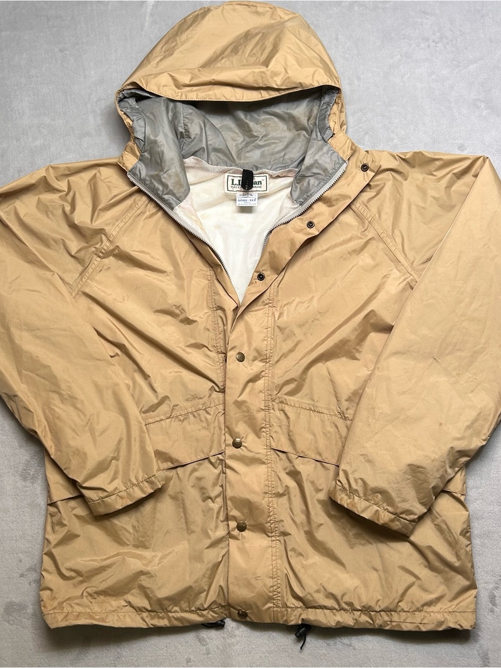 Vtg LL Bean Jacket Mens Large Khaki Gold Waterproof Hooded Rain Coat USA Hiking